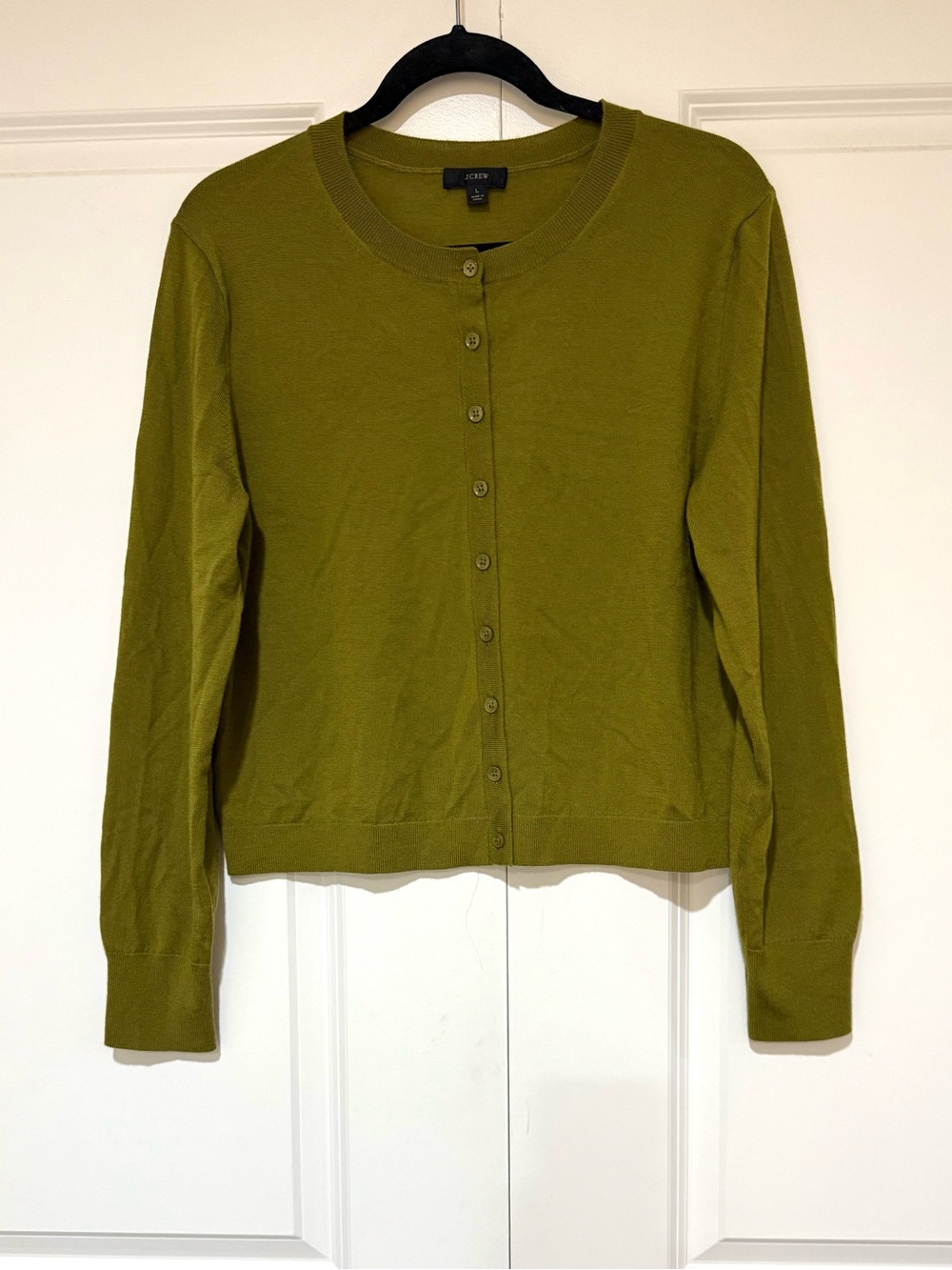 J. Crew NWOT Olive Green 💯% Merino Wool Button-Front Crewneck Cardigan Sweater